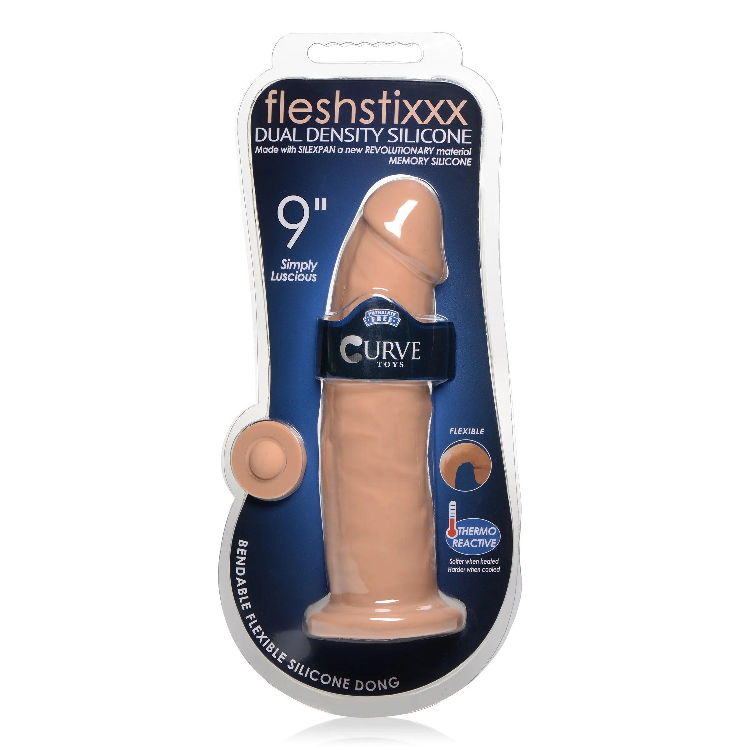 jot-dildo-Curve Fleshstixxx Dual Density Silicone Bendable Dong 9in