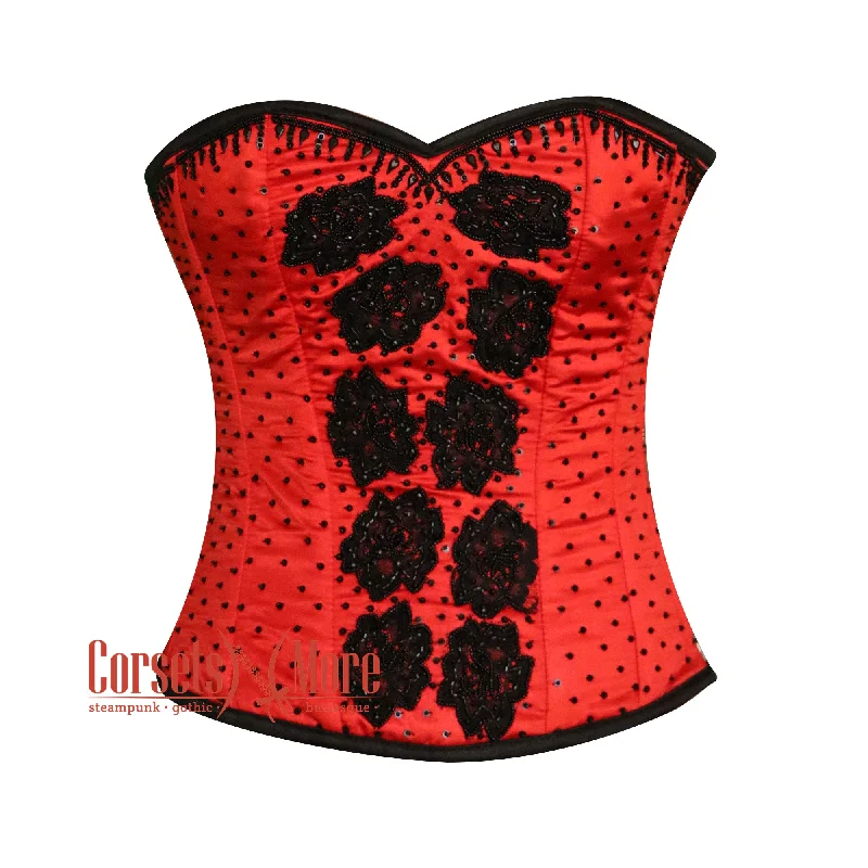 Corset in light sienna-Red Satin Black Sequins Hand Work Burlesque Gothic Costume Overbust Bustier Top