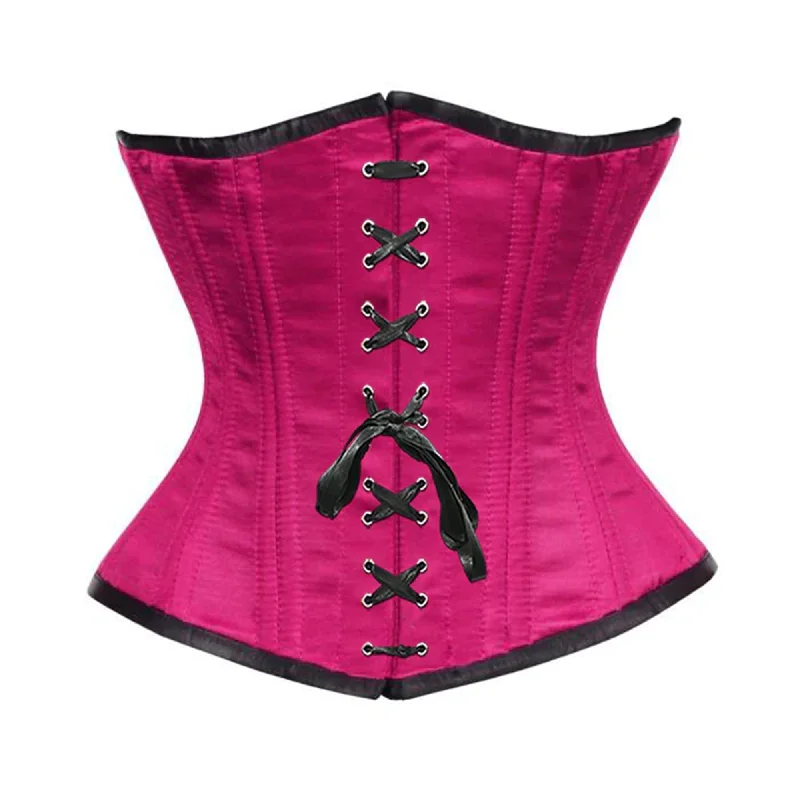 Corset in pale gold-Royal Pink Satin Double Bone Front Black Ribbon Gothic Underbust Bustier Corset