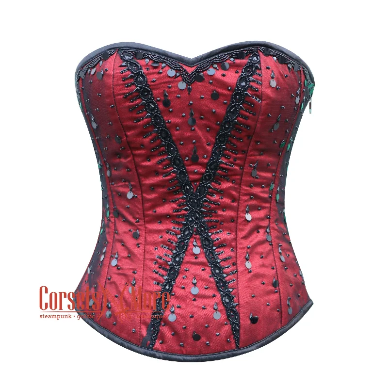 Corset top in soft rose-Red Satin With Black Sequins Burlesque Gothic Overbust Corset Bustier Top