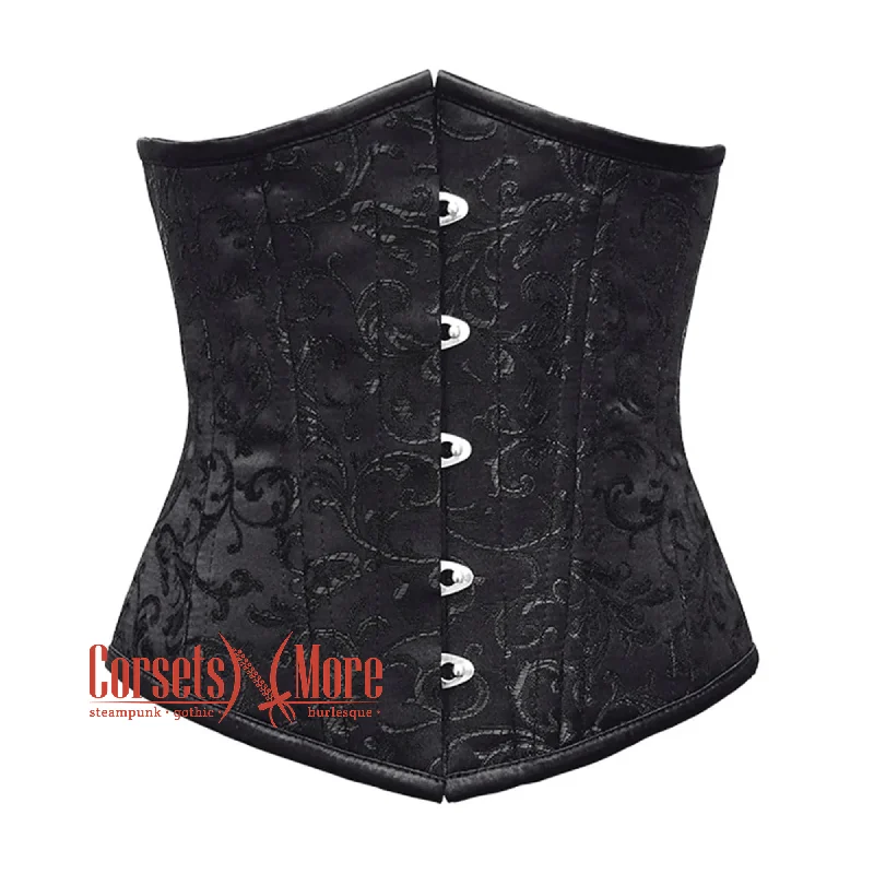 Corset top with sheer edging-Black Brocade Double Boned Underbust Gothic Corset