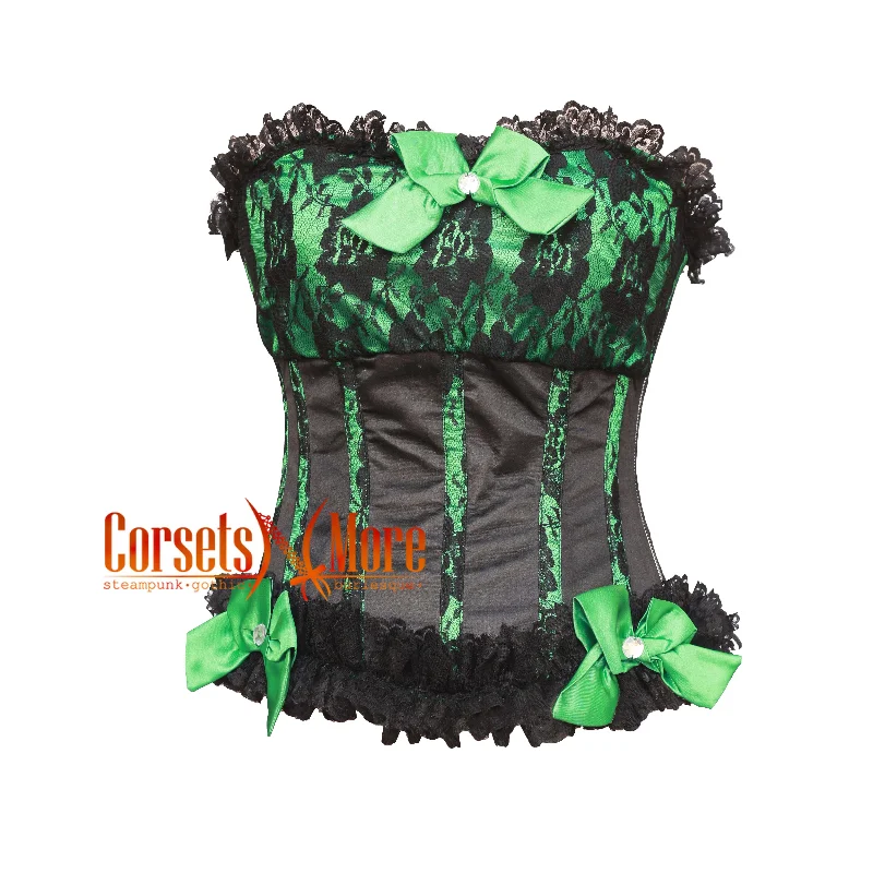 Corset in light cerise-CorsetsNmore Women’s Green Satin Net Overlay Bow And Black Frill  Gothic Overbust Corset Costume