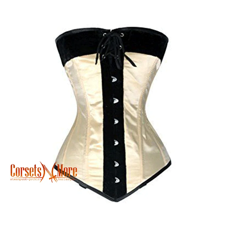 Corset with floral ribbon-CorsetsNmore Women’s Black Velvet Ivory Satin Burlesque  Overbust Gothic Corset