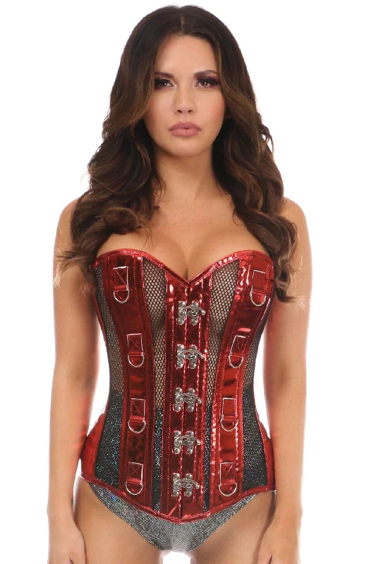 Pocket-sized prostate vibes-Top Drawer Red Metallic PVC & Fishnet Steel Boned Corset