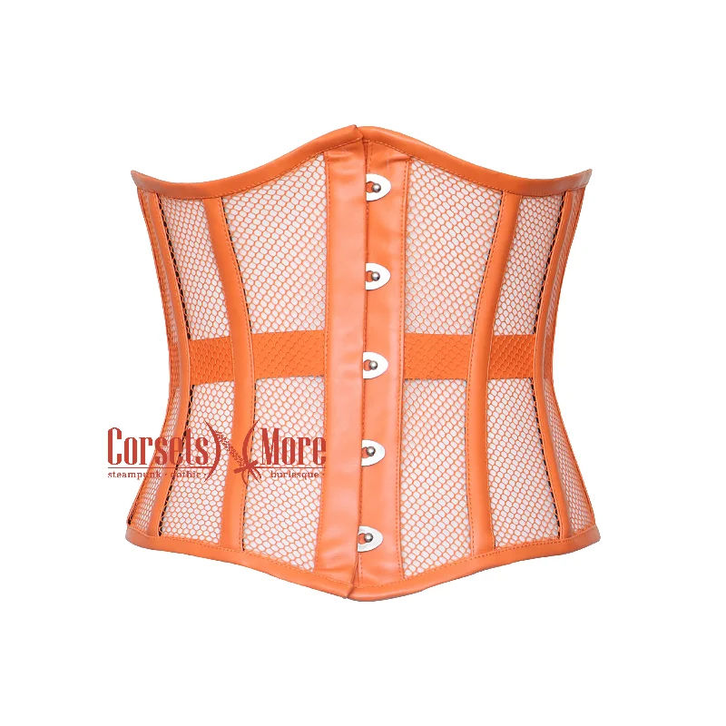 Corset with sheer edging-Sienna Emberstone Orange Mesh With Orange Leather Corset Top