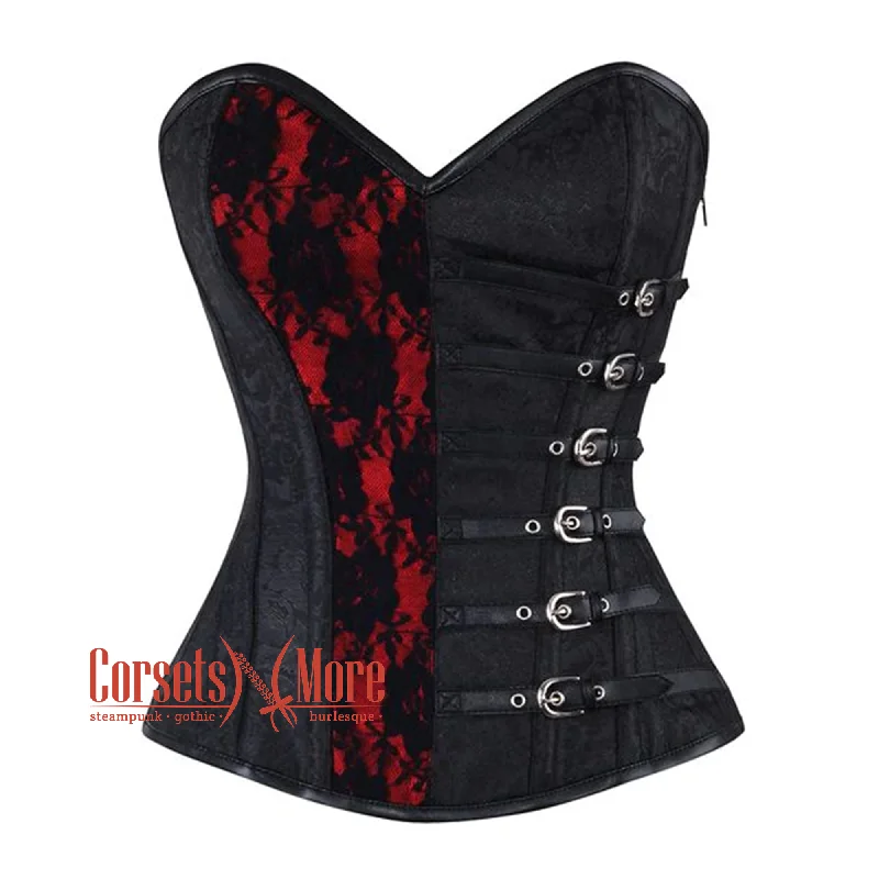 Corset dress with bow edging-Black Brocade Red Net Design Steampunk Overbust Gothic Waist Training Corset