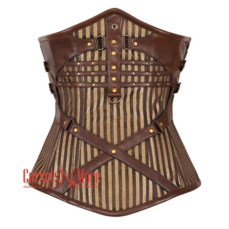 Corset top with sheer ruffle-Brown and Golden Brocade With Brown Faux Leather Underbust Waist Training Corset