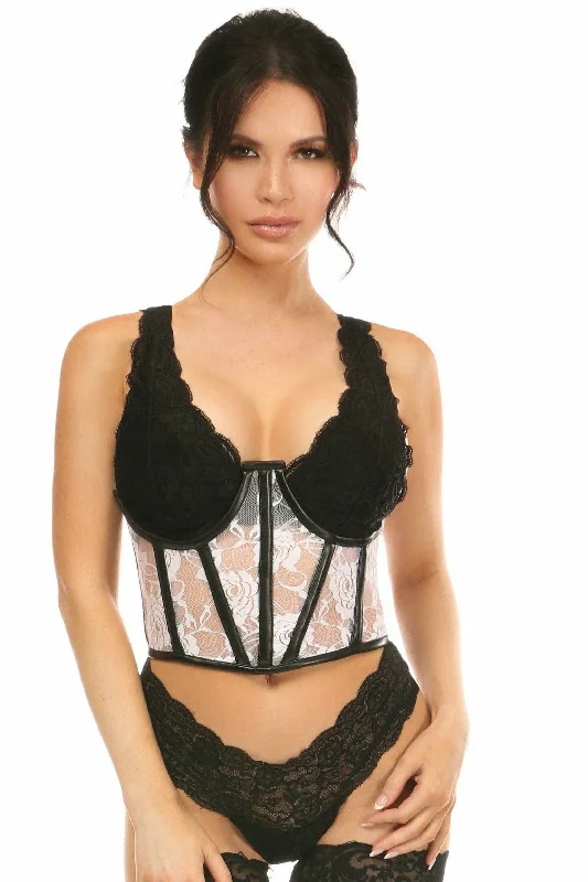 Sex toys with gentle air-Lavish Sheer White Lace & Faux Leather Open Cup Waist Cincher