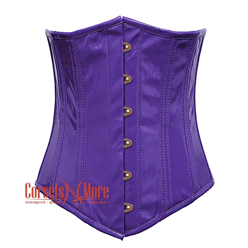 Corset with lace ribbon-Purple PVC Leather With Front Antique Busk Gothic Long Underbust Waist Training Corset