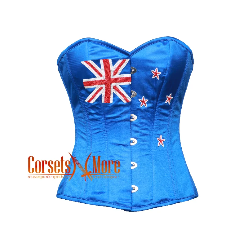 Corset in light sienna-Blue Satin White Sequins New Zealand Flag Gothic Overbust Corset