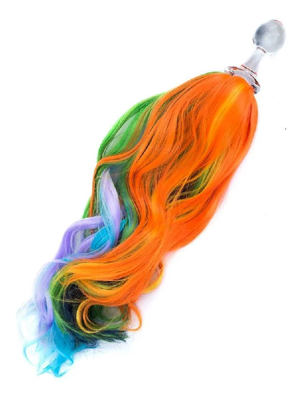 BDSM toy harness grips-Rainbow Detachable Ponytail Glass Butt Plug